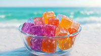 Colorful fruit jelly cubes in glass bowl on tropical beach background with turquoise ocean waves and white sand for summer dessert and vacation concepts.