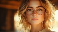 Young woman with wavy blonde hair wearing round glasses in warm golden light, creating a soft, dreamy portrait with natural beauty.
