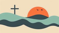 Minimalist landscape with Christian cross on hill against orange sunset and flying birds over stylized waves, modern abstract religious design.