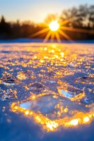 Golden sunlight illuminates frozen snow crystals creating magical bokeh effect at sunset, winter landscape with sun rays and glittering ice formations in cold weather.