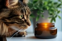Curious tabby cat examining amber glass jar with warm glowing light, creating cozy atmosphere for aromatherapy and wellness concepts.