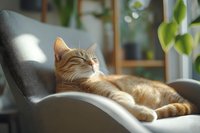 Ginger tabby cat relaxing on modern gray chair in sunlit room with potted plants, conveying comfort and contentment for home decor and lifestyle content.