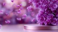 Pink podium stage with blooming cherry blossom flowers for product display and spring marketing campaigns.