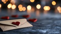 Romantic love letter envelope with red glitter heart seal on dark textured background with golden bokeh lights, Valentine's day or anniversary concept.