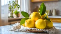 Fresh lemons with green leaves on rustic woven basket in bright kitchen setting, natural light highlighting vibrant yellow citrus fruit for cooking, baking, or home decor.