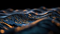 Abstract digital wave pattern with glowing orange light effects on dark background, flowing dots and lines creating dynamic technological landscape for tech presentations.