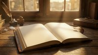 Open book on wooden desk with warm sunlight streaming through window creating peaceful reading atmosphere for education and literature concepts.