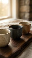 Handmade ceramic bowls on wooden tray near window with warm natural light. Rustic pottery in earth tones for kitchen decor and artisan crafts.