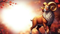 Majestic ram with golden horns stands proudly against warm sunset sky with cherry blossoms. Zodiac animal symbol for Chinese New Year celebrations and spring festivals.