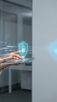 Hands using digital tablet with cybersecurity shield icon and data streams in modern office environment for business technology protection.