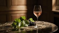 Elegant rosé wine glass with fresh grape cluster on marble table in luxurious interior setting with warm ambient lighting for fine dining and hospitality.