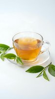 Clear glass teacup with golden herbal tea on saucer surrounded by fresh green leaves on white background for wellness and relaxation concepts.