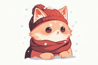 Adorable fox cub wearing winter red hat and scarf in kawaii anime style, sitting in snow with sparkles around. Isolated design for stickers and greeting cards.