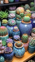 Diverse collection of succulent plants and cacti in decorative ceramic pots featuring vibrant blue glazed containers and colorful desert flora on wooden shelf.