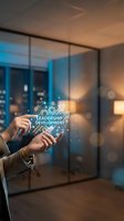 Businessman using smartphone with leadership development holographic interface in modern office environment for corporate training and management growth.