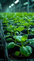 Young green seedlings with water drops growing in greenhouse nursery containers under artificial light. Close-up view shows fresh sprouts and morning dew.