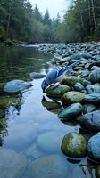 Heron bird drinking from peaceful mountain stream surrounded by smooth river rocks and lush forest trees creating serene natural wildlife habitat scene.