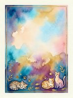 Watercolor cats sitting together with golden stars and leaves on dreamy pastel background for greeting cards, nursery decor and pet-themed designs.