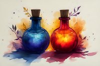 Magical potion bottles in red and blue with cork stoppers against watercolor background with floral elements and splashes, fantasy alchemy concept for game design.