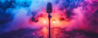 Vintage microphone silhouette against dramatic sunset sky with vibrant pink and blue clouds, panoramic view. Music or performance concept background for social media covers.
