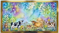 Watercolor farm animals including cows and cattle grazing in pastoral meadow with wildflowers, surrounded by decorative botanical foliage and ornamental gold frame border.