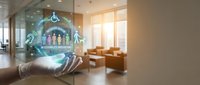Businessperson holding digital hologram with accessibility icons, inclusive workplace concept, modern office interior with natural light and furniture in background.