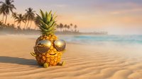 Cool pineapple with sunglasses on tropical beach at sunset. Summer vacation concept with palm trees and ocean waves in background. Fun fruit character.