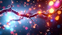 Dynamic liquid splash with glowing orange and blue bokeh lights creating magical atmosphere against dark background, frozen motion of droplets in mid-air.
