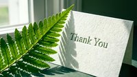 Thank you card with green fern leaf casting shadow on textured white paper, sunlight from window, gratitude and appreciation concept.