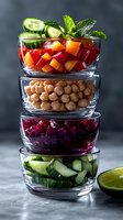 Stacked glass bowls with fresh ingredients: cucumber with mint, diced tomatoes and mango, chickpeas, and purple cabbage. Healthy meal prep concept for clean eating.