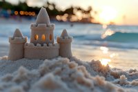 Illuminated sandcastle on beach at sunset with glowing windows and towers, waves and bokeh lights in background, creating magical summer atmosphere.