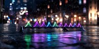 Colorful neon light installation reflecting on wet city street surface at night, creating vibrant rainbow patterns with bokeh lights in urban environment.