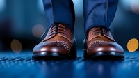 Elegant brown leather oxford brogue shoes on businessman wearing navy suit pants against dark background with bokeh lights creating luxury atmosphere.