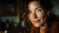 Young Caucasian woman with curly brown hair and green eyes smiling warmly in soft natural lighting for lifestyle and beauty content.
