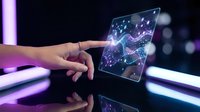 Hand touching futuristic holographic interface with glowing network connections and data visualization on transparent digital screen in modern tech environment.