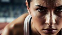 Athletic woman with sweat droplets on face showing determination and focus during intense workout training session for fitness motivation.