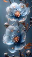 Ethereal light blue flowers with copper accents and crystal details create a dreamy botanical composition perfect for romantic designs, wedding stationery, and luxury branding projects.