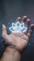 Glowing lotus hologram resting on an open male palm, surrounded by digital geometric lines and particles on dark background.