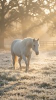 White horse standing in misty morning pasture with golden sunlight filtering through trees, frost-covered grass, and wooden fence in background. Suitable for equestrian, nature, and farm-related projects.