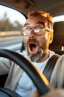Caucasian bearded man with glasses yawning while driving car during sunset, showing fatigue and drowsiness behind wheel in natural golden light.