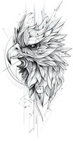 Geometric eagle head with abstract feather patterns and line art details in black and white style, ready for tattoo designs and creative projects on white background.