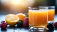 Fresh orange juice in glass with scattered berries and citrus fruits on dark surface, morning light creates cozy atmosphere. Healthy breakfast concept.