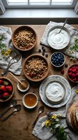 Healthy breakfast spread with granola, yogurt, fresh berries and honey on rustic wooden table by window. Natural morning light creates cozy atmosphere.