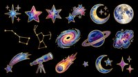 Celestial and space-themed design elements including stars, planets, constellations, moons, and galaxies isolated on transparent background. Ready for t-shirt designs, clipart, stickers, sublimation, and print-on-demand projects.