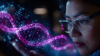 Young Asian female scientist observing glowing purple DNA helix structure, wearing glasses against dark background with bokeh lights and digital visualization.