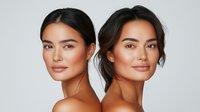 Young Asian women with natural makeup and glowing skin posing together against light background, showcasing beauty and skincare results with confident smiles.