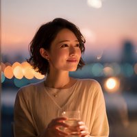 Young Asian woman enjoying evening drink on urban rooftop terrace with city lights bokeh background during golden hour sunset.