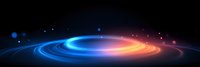 Glowing spiral light trail with blue and orange neon colors against dark background creates dynamic motion effect, suitable for technology concepts.