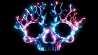 Glowing neon skull with electric blue and pink flames creating mystical ethereal effect against black background, dramatic lighting for Halloween and gothic designs.