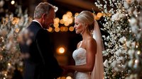 Elegant bride and groom sharing intimate moment during wedding ceremony with sparkling lights and floral decorations creating romantic atmosphere.